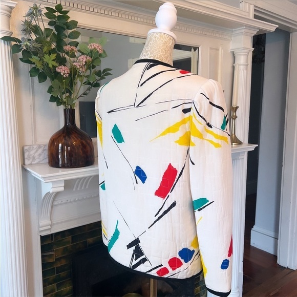 VINTAGE LEVINO VERNA 100% Silk White & Multi Color Abstract Print‎ Jacket Size 4 - Picture 9 of 16